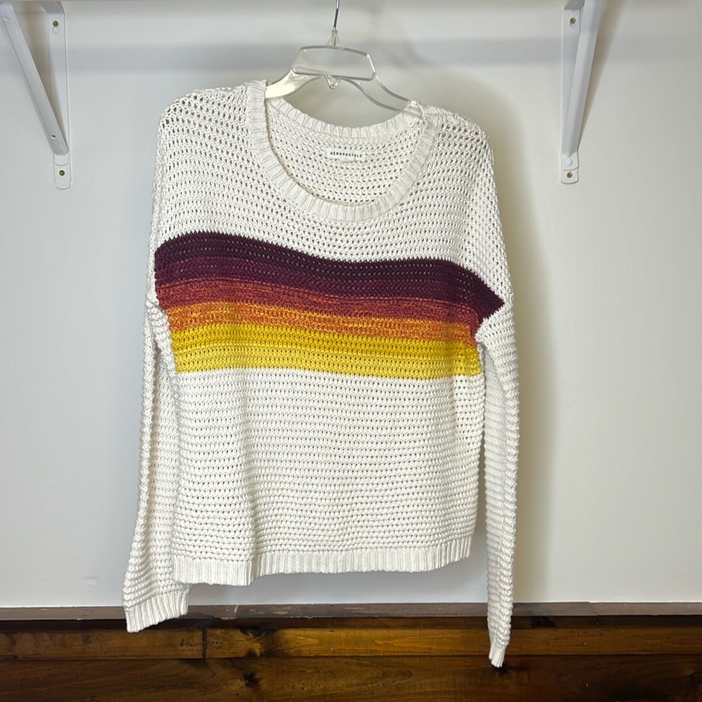Aeropostale White‎ Striped Crewneck Sweater- M